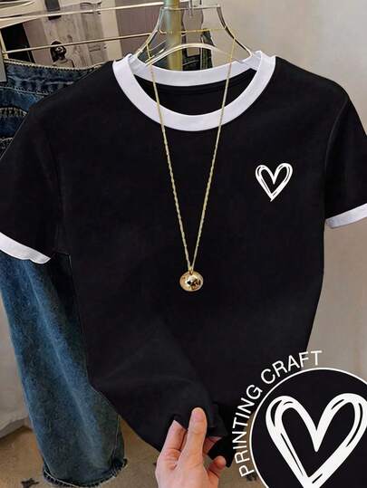 Teen Girls Casual Minimalist Fitted Crew Neck Short Sleeve High Waist Cropped Regular T-Shirt, Suitable For Summer