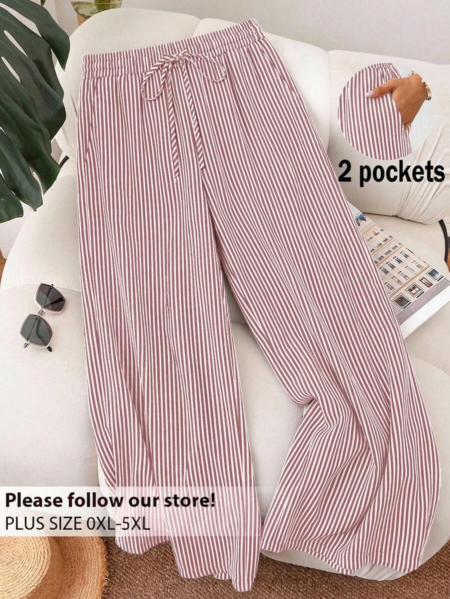 CosyJoli Quần ống rộng dáng suông kẻ sọc có túi, thắt eo, dành cho nữ cỡ lớn. - Bụi hồng - Xem 1