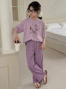 Dazy Kids 少女圆领印花短袖T恤+长裤家居服套装，春夏款 - 紫色 - 查看 5