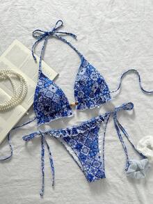 Swim Mod Swim Suits For Women Women's Summer Beach Solid Color Ruffle Trim Halter Neck Tie Two Pieces Bikini Set - Multicolor - View 3