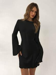 Vestido de manga larga con cuello drapeado, espalda descubierta, elegante, sexy y romántico, de color verde claro sólido, adecuado para citas y tardes de té - Negro - Ver 3