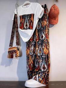 2pcs/Set Women's Graphic Print Round Neck Short Sleeve T-Shirt And Loose Straight Leg Printed Pants Set, Casual Outfit, Vacation Set, Retro Style, Summer Pants, Patterned Pants Boho Clothes Festival Clothes Patterned Clothes Artsy Clothes Summer Outfit For Women - Multicolor - View 5