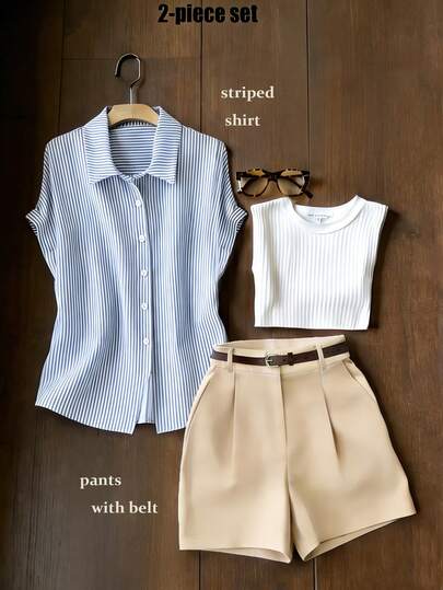 Franclia 休闲通勤百搭白蓝条纹蝙蝠袖短袖衬衫，搭配棕色腰带和卡其色短裤，蓝卡其色两件套，女士休闲夏季套装