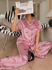 Dream Adore Bộ đồ ngủ ngắn tay cổ nơ kẻ sọc bằng lụa giả dành cho nữ - Màu Đỏ Sâu - Xem 5