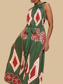 Travachic Plus Size Bohemian Style Apricot Retro Print Halter Dress With Belt, Loose Casual Resort Wear - Green - View 5