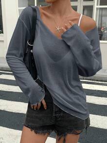 DAZY 女款寬鬆深V領長袖透視休閒上衣，都市街頭風T恤，適合夏季泳裝外罩衫與校園穿搭 - 霧霾藍 - 查看 6
