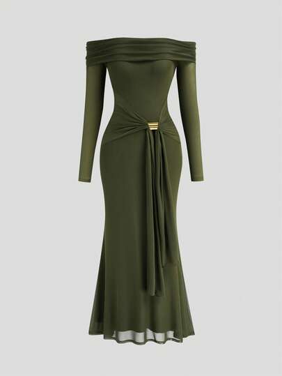 Sweetra Elegant Green Mesh Off-Shoulder High-End Metal Buckle Decor Fitted Mermaid Maxi Dress, Suitable For Tall Women