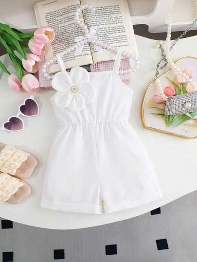 SHEIN Playful Pals Baby Girl' Pink Strap Romper With 3D Floral Rosette Buttons Waist Decor, Sleeveless, Breathable Summer Outfit, Cute & Vivid