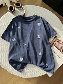 SHEIN EZwear 大码女式圆领花卉刺绣休闲百搭日常短袖T恤，夏季 - 藏蓝色 - 查看 6