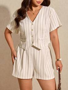 Elaquor 大码夏季休闲条纹衬衫短裤套装 - 杏色 - 查看 8