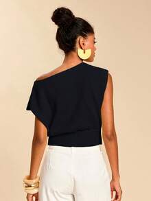 Travachic 女士休闲纯色印花露肩针织上衣，夏季 - 黑色 - 查看 2