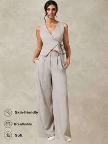 Briarwyn 女士简约通勤纯色系带吊带背心和裤子套装，夏季，夏季服装，女士夏季服装，夏季度假服装，情人节，女士度假服装，夏季度假服装，女士海滩度假服装，外出服装，灰色两件套，优雅派对两件套，女士休闲套装 - 灰色 - 查看 6