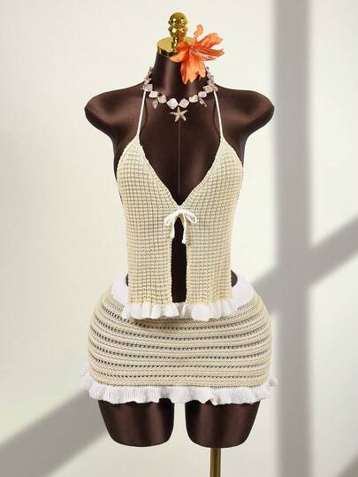 Bonvoyette 2026 Nouveau ensemble 2 pièces de femme pour le printemps/été, composé d'un Top tricoté sans manches à col montant et dos nu avec maille ajourée, volants multicolores et nœud, et d'un bas kaki unicolore. Robe bohème vintage élégante et sexy en crochet pour la plage