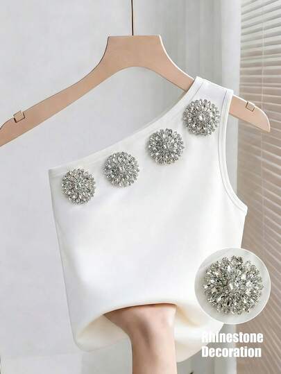 SHEIN Holidaya Women's Solid Color Knitted Stretch Neckline Rhinestone Embellished Asymmetrical Sleeveless T-Shirt/Women's Top/Women's Vest, Suitable For Everyday Wear, Dates, Summer, Summer Tops, Summer Outfits, Summer Clothing, Summer Outfits, Beach, Women's Beach Outfits, Beach Wear, Women's Elegant Tops, Women's Casual Tops, Women's Vacation Outfits, Vacation Holidays, Summer Holiday Outfits, Holiday Outfits, Y2K Style, Y2K Style Tops, Women's Commuting Outfits, Women's Office Outfits, Social Tops/Workwear, Women's Workwear, Women's Office Wear, Women's Office Attire, Party Tops, White Vest, White Top, White One-Shoulder TopGraduation Season Attire, Fashionable Casual Commuter Wear, Business Office Wear, Versatile And Stylish Everyday Casual Wear, Urban Teacher's Professional Attire
