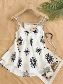 Franclia Elegant French Style, Woven, Printed, Bamboo Fiber Fabric, V-Neck Lightweight, Sexy, Loose Fit, Youthful, Vacation, Beach, Date, Commute, Student, Beach Holiday, New Summer Women Tank Top - Black and White - View 3