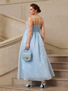 VOLUPTÉ CURVE Plus Size Summer Sky Blue Lace Cinched Waist Patchwork Spaghetti Strap Top Fairy Elegant Long Dress For Engagement Partys, Parties, Prom, Graduation - Blue - View 3
