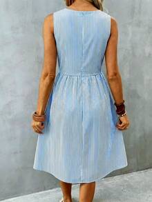EMERY ROSE Women's Fashionable Elegant Sleeveless Waist Cinched Dress - Striped Dress - Commuting Style, Spring/Summer - Blue and White - View 2