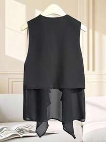 Resyla New Asymmetrical Hem Sleeveless V-Neck Mid-Length Cardigan, Patchwork Vest Top For Plus Size Women - Black - View 2