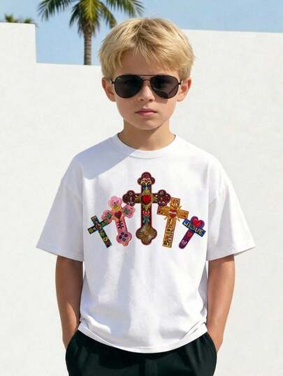 男童休闲简约抽象图案短袖T恤，适合夏季穿着