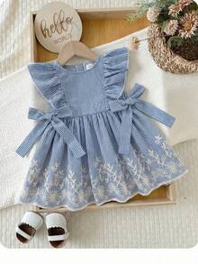 SHEIN LMoss Kids Babygirl Cute Casual Summer Striped Embroidered Peter Pan Collar Dress - Blue - View 3