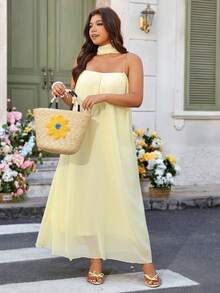 Breezaya 女士优雅无肩带缎带装饰轻盈性感长裙，黄色 - 黃色 - 查看 4