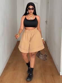 Maweii Plus Size Casual Loose A-Line Cuffed Hem Shorts - Khaki - View 2