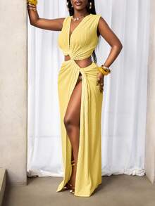 BamGleam 女士纯色深V领褶皱扭结镂空开衩性感派对连衣裙 - 黃色 - 查看 7