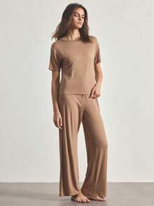 Ocili Comfortable Silky Cotton Short Sleeve & Pants Pajama Set For Women - Khaki - View 4