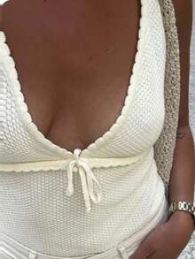 DAZY Women's Solid Color V-Neck Front Tie Knitted Vest, Suitable For Vacation - Beige - View 8