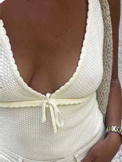 DAZY Women's Solid Color V-Neck Front Tie Knitted Vest, Suitable For Vacation