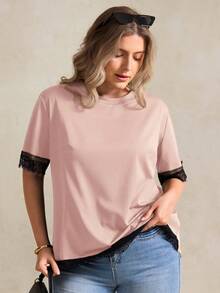 Elegantrix Áo thun dáng chữ A phối ren tương phản dành cho nữ cỡ lớn, thích hợp cho mùa xuân/hè. - Hồng - Xem 5