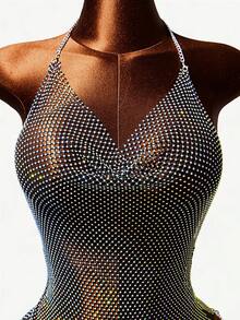 VaVaBold Vestido de malla de rejilla con nudo sin espalda y escote halter sin espalda con detalle de tachuelas de diamantes de imitación sin Set De lencería - Negro - Ver 3