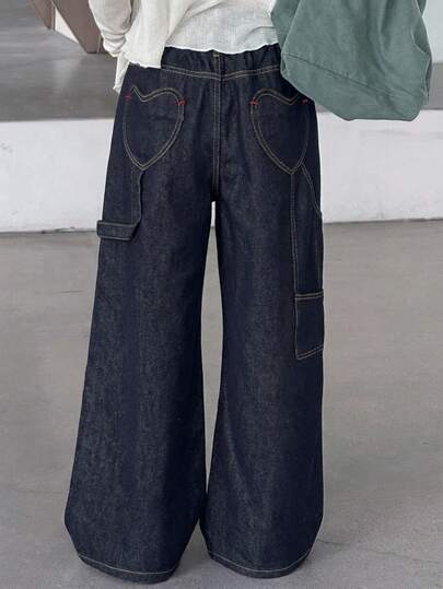 Dazy Kids ג'ינס רחב בגזרה רטרו עם כיסים של בנות, גזרה רחבה ומרופדת