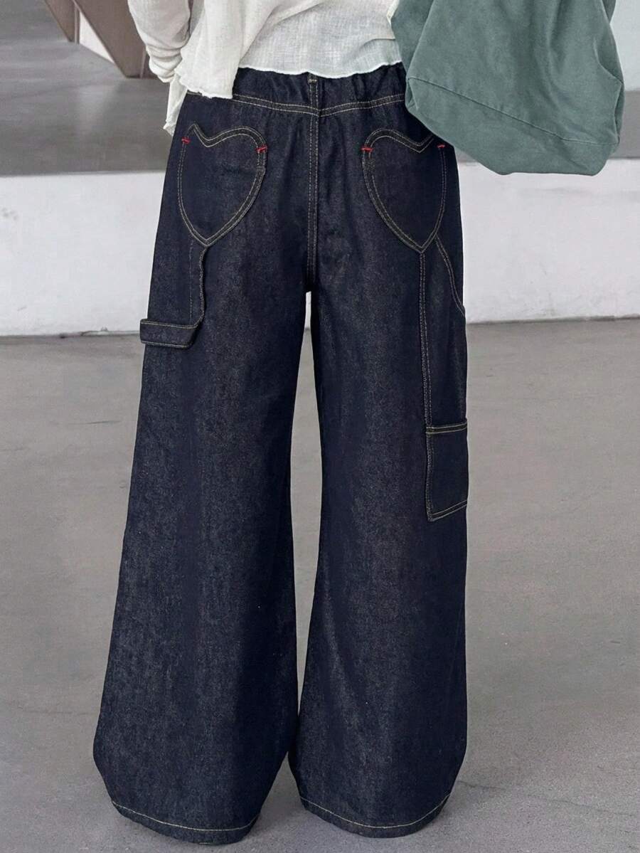 Dazy Kids Quần jeans ống rộng dáng suông phong cách retro cho bé gái tuổi teen, có túi hình trái tim, bạc màu và bạc màu, thích hợp mặc mùa hè. - Màu xanh lam - Xem 1