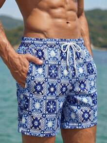 Manfinity Swimmode 男士印花抽绳腰带休闲沙滩短裤 - 彩色 - 查看 5