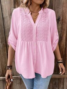 Weeklong Women Plus Size Lace Patchwork 3/4 Sleeve V-Neck Button Down Shirt,Blush Pink,Summer,Boho,Formal,Vacation,Holiday Light Top Flared Ruffle Hem Blouse - Baby Pink - View 5