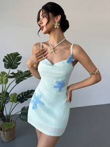 Firerie Đầm mini màu xanh da trời nhạt, thanh lịch, tinh tế, lãng mạn dành cho nữ, thích hợp cho kỳ nghỉ biển, tiệc tùng, lễ hội âm nhạc, sinh nhật, họp mặt. Chất liệu dệt kim đính sequin hình sao biển, cổ xếp ly, dáng chữ A, màu xuân/hè. - Màu xanh lam - Xem 6