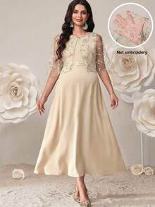 SHEIN 2pcs Maternity Elegant Dress & Embroidered Mesh Jacket Set - Apricot - View 1