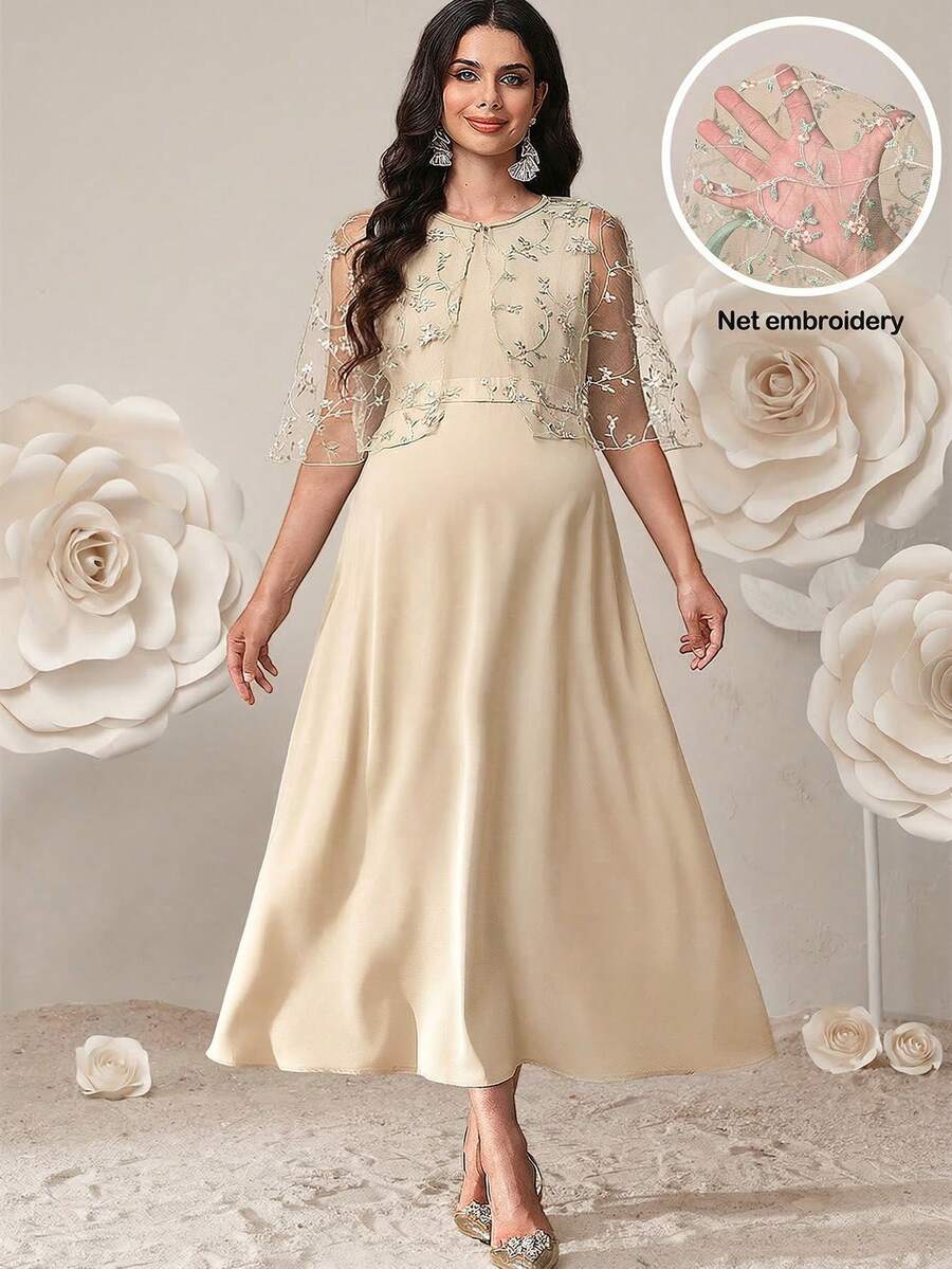 SHEIN 2pcs Maternity Elegant Dress & Embroidered Mesh Jacket Set - Apricot - View 1