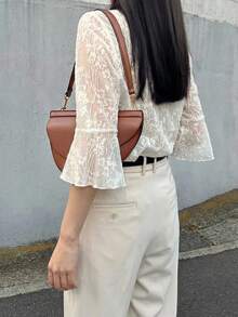 FRIFUL Women's Round Neck Lace Fabric Fitted Flare Sleeve Solid Color Casual T-Shirt Summer - Beige - View 4