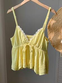 Comfortcana Women's Hollow Out Embroidery Front Tie Casual Camisole Top - Yellow - View 5
