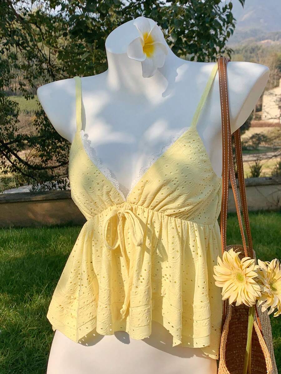 Comfortcana Women's Hollow Out Embroidery Front Tie Casual Camisole Top - Yellow - View 1