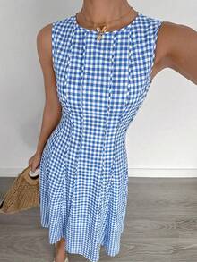 Siren Gaze 夏季新款褶皱无袖A字连衣裙 - 藍色 - 查看 6