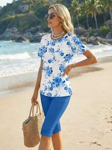 Sylviya 两件套女士休闲碎花短袖上衣和打底裤套装，适合夏季穿着 - 藍白色 - 查看 5