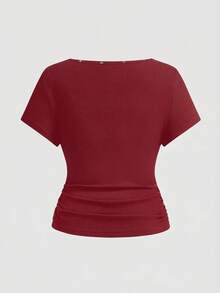 ROMWE Avant T-shirt décontracté unisexe streetwear rétro baddie avec imprimé étoiles et rivets à la taille cintrée pour femmes - Rouge foncé - Voir 2