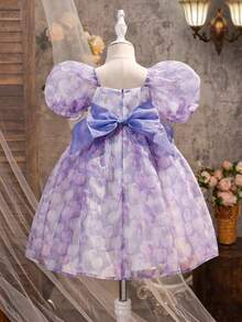 SHEIN 少女雪纺碎花方领泡泡袖蝴蝶结休闲连衣裙 - 彩色 - 查看 4