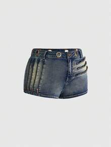 ROMWE Grunge Punk Pantalones cortos de mezclilla súper cortos con decoración de metal vintage punk para mujer de talla grande - Azul - Ver 5