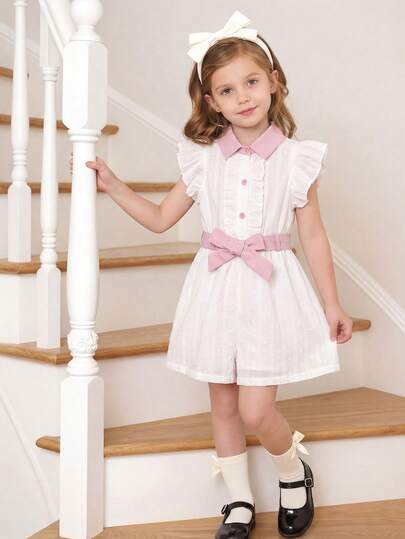 SHEIN 1pc Girls Toddler Summer New Style Ruffled Collar Cap Sleeve Woven Cutout Fabric Front Half-Open Collar With Belt Waist Contrast Color Romper, Minimalist Vacation Elegant Romper