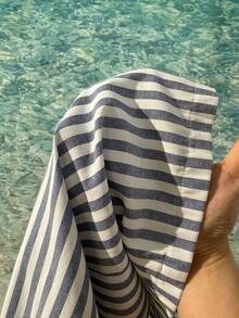 SHEIN EZwear 大码女式度假露背阔腿蓝色条纹连体裤格纹女士夏季无肩带连体裤条纹套装沙滩装 - 藍白色 - 查看 6