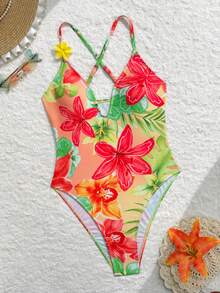 Swim Vcay Summer New Arrival Bestselling Tropical Hibiscus Print High Cut Spaghetti Strap Deep V Triangle Cup Romantic Beach Vacation One-Piece Swimsuit For Women - Multicolor - View 2